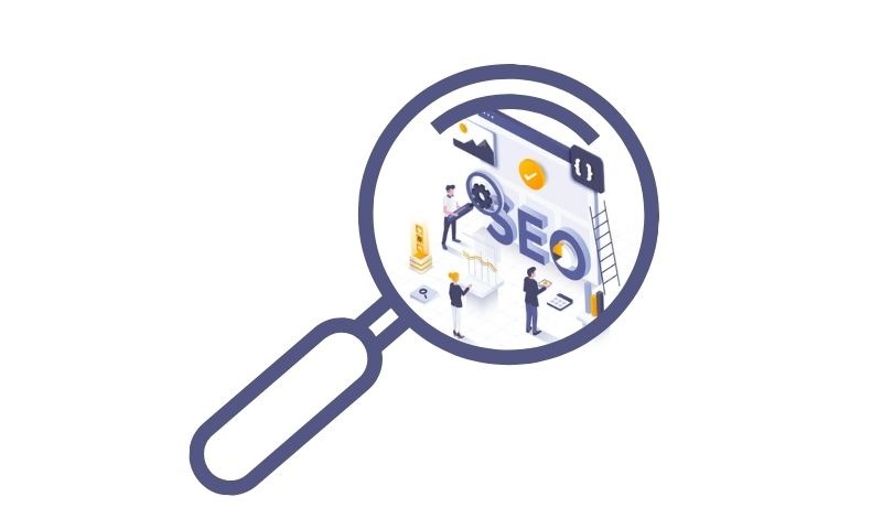 graphic of a magnify glass looking at a team of a people working on the word SEO